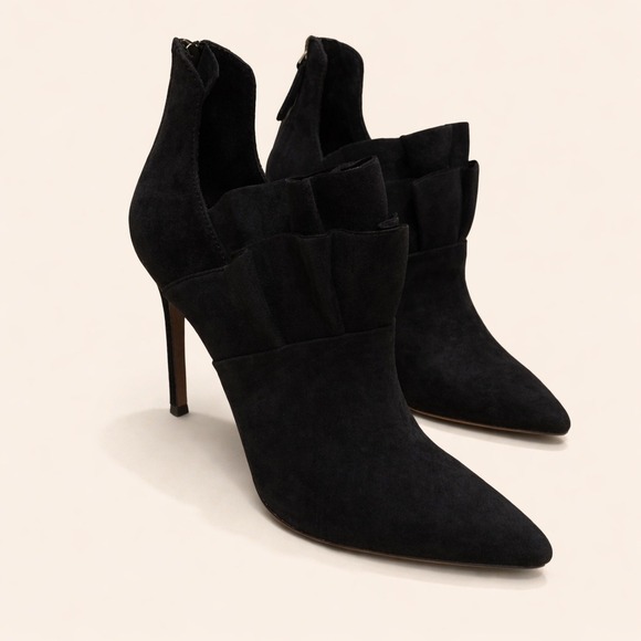 Pour La Victoire Shoes - Pour La Victoire Cedraks Black Suede Ruffle Pointed Toe Stiletto Booties Size 9